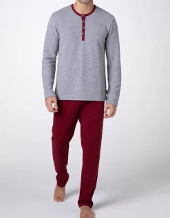 Uomo LOVABLE Pigiami-Pigiama Lungo Collo Serafino Warm Fabric e Interlock, grigio melange e bordeauxREF# L0DM7