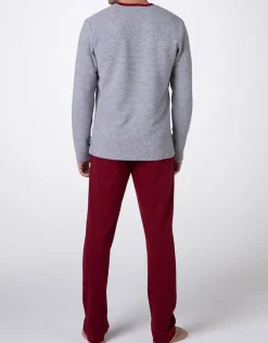 Uomo LOVABLE Pigiami-Pigiama Lungo Collo Serafino Warm Fabric e Interlock, grigio melange e bordeauxREF# L0DM7