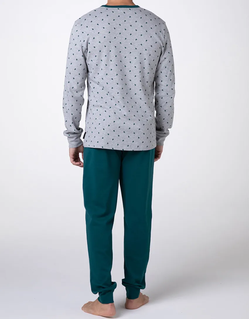 Uomo LOVABLE Pigiami-Pigiama Lungo Collo Serafino Interlock, grigio stampa alberiREF# L0DLY