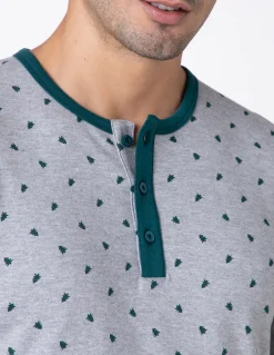 Uomo LOVABLE Pigiami-Pigiama Lungo Collo Serafino Interlock, grigio stampa alberiREF# L0DLY