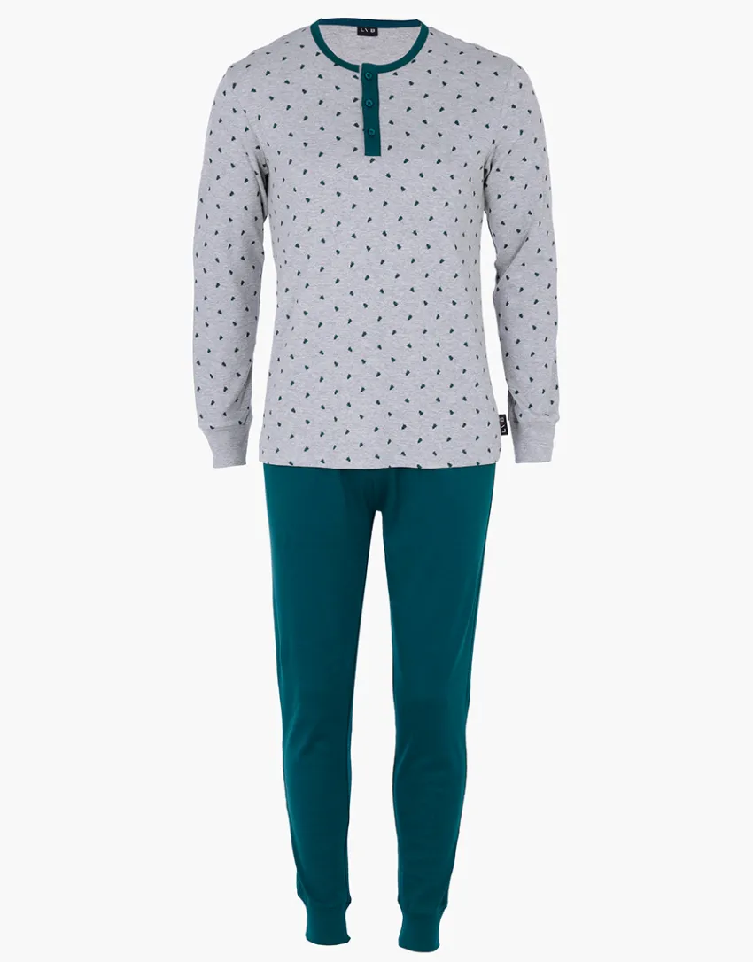 Uomo LOVABLE Pigiami-Pigiama Lungo Collo Serafino Interlock, grigio stampa alberiREF# L0DLY