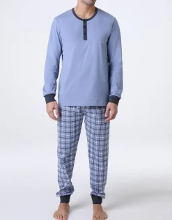Uomo LOVABLE Pigiami-Pigiama Lungo Collo Serafino in Jersey, REF# L0EI8