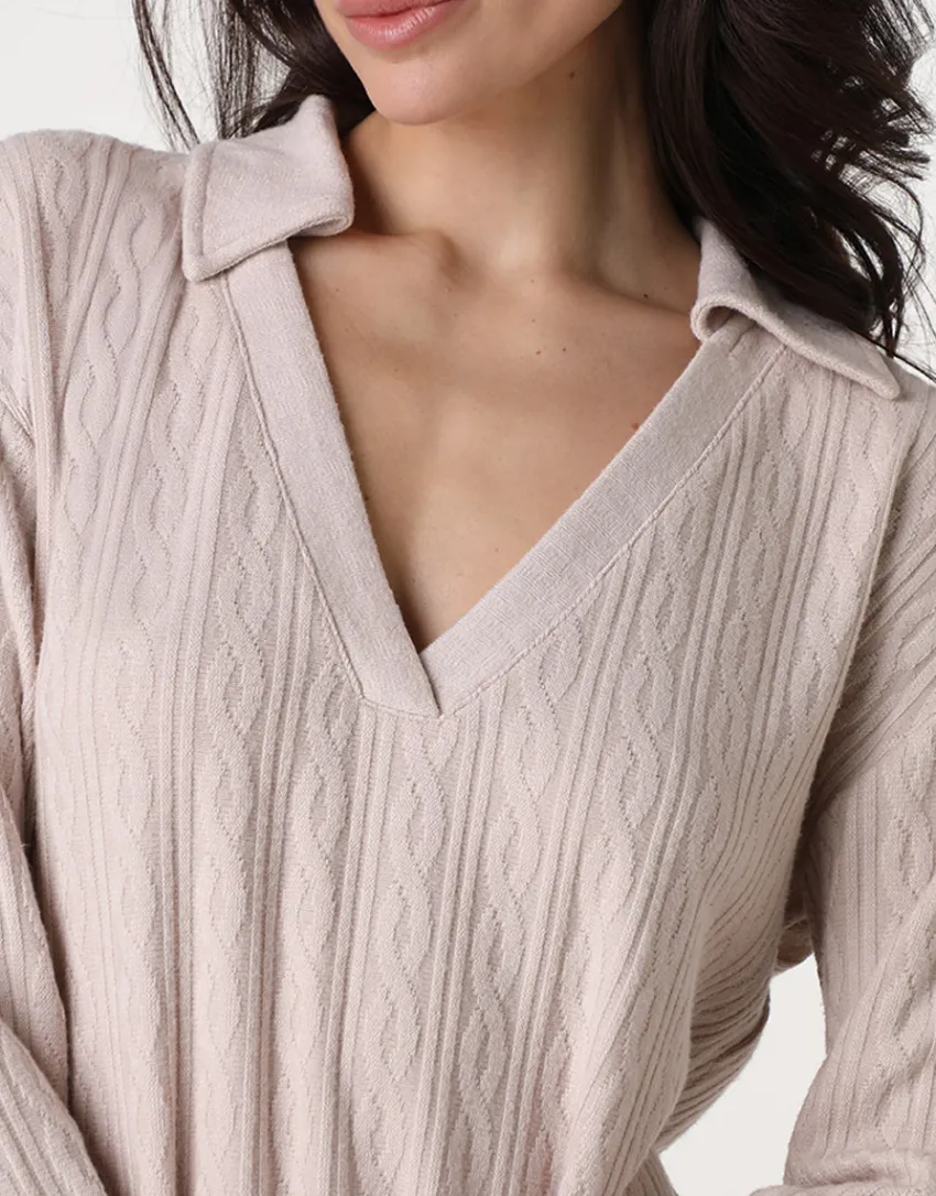 Donna LOVABLE Homewear|Pigiami Donna-Pigiama Lungo scollo a V in maglia, panna rosatoREF# LLELJ