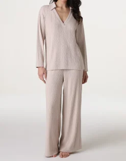Donna LOVABLE Homewear|Pigiami Donna-Pigiama Lungo scollo a V in maglia, panna rosatoREF# LLELJ