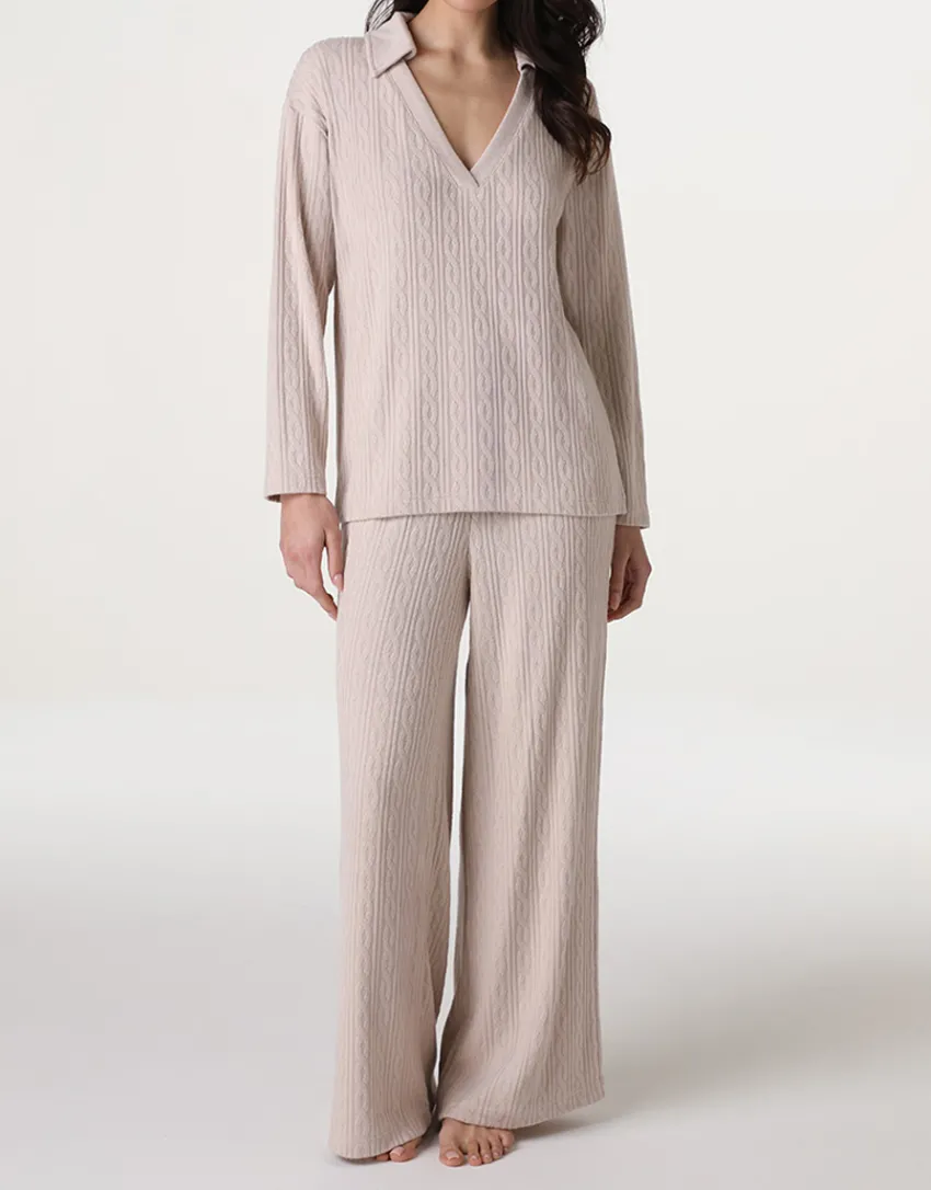 Donna LOVABLE Homewear|Pigiami Donna-Pigiama Lungo scollo a V in maglia, panna rosatoREF# LLELJ