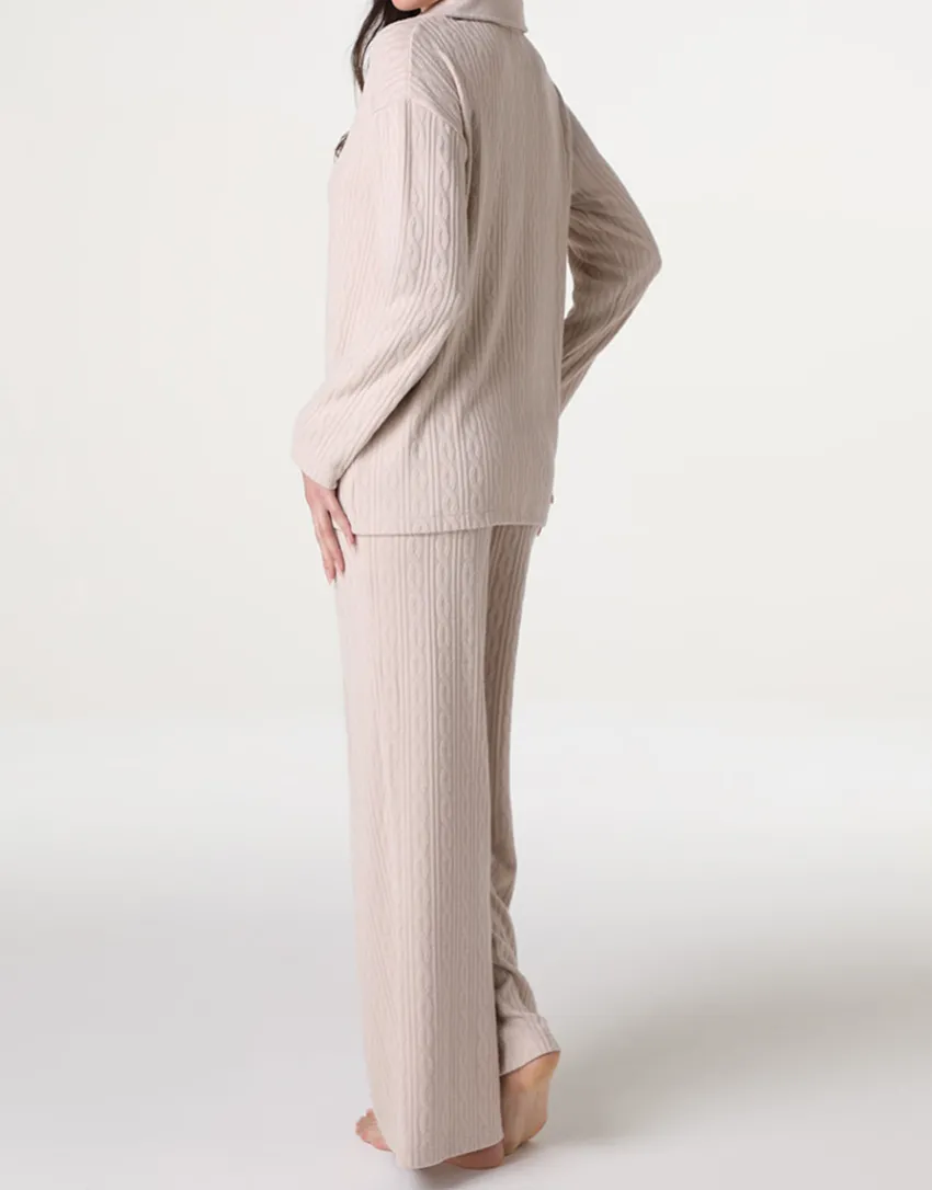 Donna LOVABLE Homewear|Pigiami Donna-Pigiama Lungo scollo a V in maglia, panna rosatoREF# LLELJ