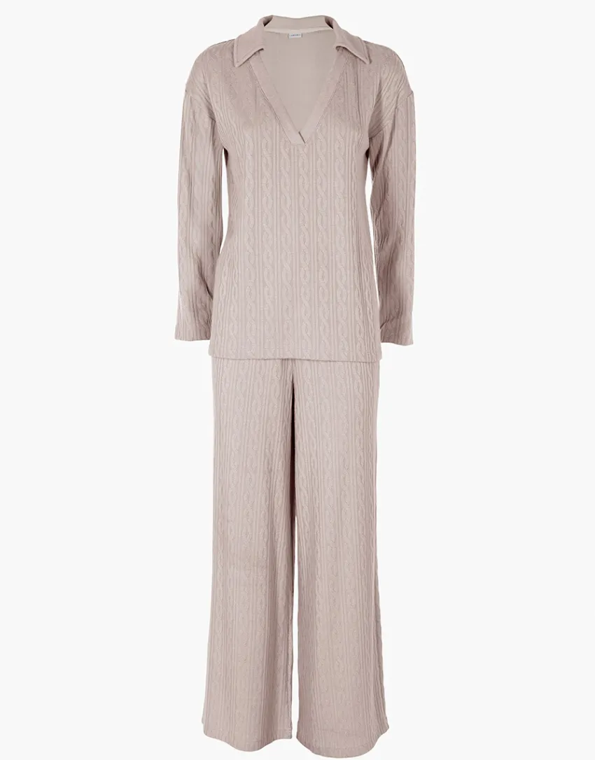 Donna LOVABLE Homewear|Pigiami Donna-Pigiama Lungo scollo a V in maglia, panna rosatoREF# LLELJ