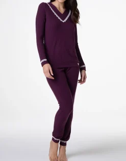 Donna LOVABLE Pigiami Donna-Pigiama Lungo scollo a V a Costine, REF# L0DN3